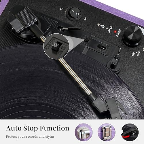 JORLAI Record Player 3 Speed Vinyl with Bluetooth Vintage Turntable Built in Battery Portable Suitcase Support Aux in RCA Line Out Headphone Jack Purple thumbnail 6