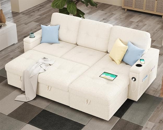 PaPaJet 84 Inch Sofa Bed, Sleeper Sofa with Storage, 2 in 1 Pull Out Couch | Storage Chaise, 2 USB & Cup Holders, Tufted Cushion, Boucle White L Shaped Sofa for Living Room & Guest Bedroom - Image 1