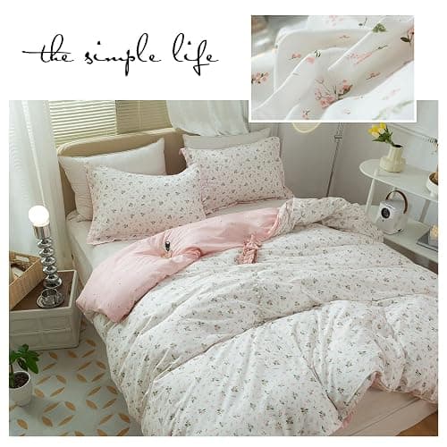 LifeTB Garden Style Duvet Cover Floral Print Bedding Sets King Pink White Floral Comforter Cover Cotton Chic Flower Print Duvet Cover for Girl Women Boho with Zipper Closure 4 Ties thumbnail 7