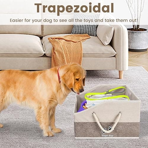 Large Dog Toy Basket With Handle, Foldable Dog Toy Box for Living Room Area, 20" Basket for Dog's Toys, Clothes, Organizers and Storage with Hard Board, Anti-slip for Pet Toys (Brown, Medium) thumbnail 3