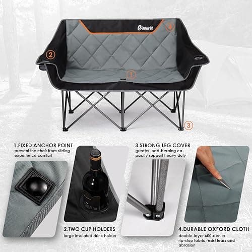 EMERIT Oversized Camping Chair with 650LB Capacity - Heavy Duty Folding Loveseat Camping Couch with Deep Seat & Rip-Resistant Fabric, Padded Comfort, Cup Holders for Outdoor, Lawn & Sports. thumbnail 5