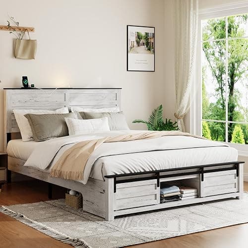 SAMTRA Wooden Full Size Bed Frame with Headboard, Boho White Farmhouse Storage Bedframe with Sliding Barn Door Footboard and Charging Station, Wood Slats, No Box Spring Needed - Image 1