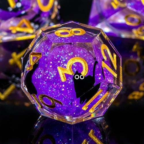 Roycevon Resin DND Dice Set with Gift Box, 7Pcs Liquid Core Cat D&D Dice, Cute Dungeons Dragons D and D Dice, Sharp Edge Role Playing Game Dice D20 D12 D10 D8 D6 D4, Purple thumbnail 2