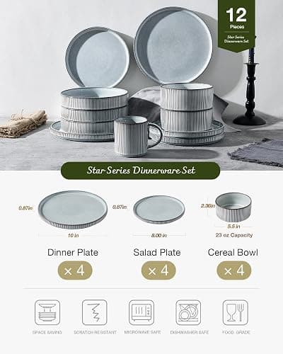 Famiware Star 12-Piece Stoneware Dinnerware Sets for 4, Reactive Glaze Plates and Bowls, Modern Rustic Dishes for Everyday & Formal Use, Chip/Scratch Resistant, Microwave/Dishwasher Safe, Smoky Blue thumbnail 3