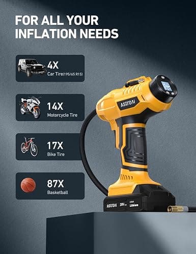AstroAI Cordless Tire Inflator Air Compressor 20V Rechargeable Battery Powered 160PSI Portable Air Pump with 12V Car Power Adapter Digital Pressure Gauge for Cars Motorcycles JY16P160-18（C2）Yellow thumbnail 7