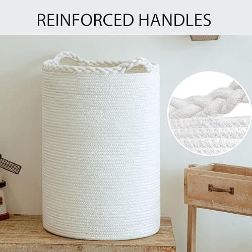 Homlikelan 58L Woven Laundry Basket,Cotton Tall Laundry Hamper for Blankets,Clothes,Pillows,Toys,Shoes Large Laundry Bin White thumbnail 3