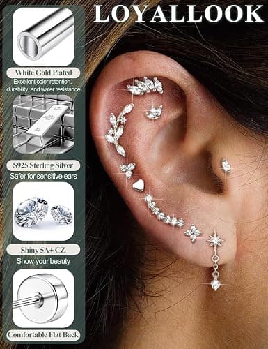 LOYALLOOK 925 Sterling Silver Flat Back Stud Earrings for Women Hypoallergenic | 14K Gold Plated Cartilage Earrings for Sensitive Ears | Leaf Flower CZ Helix Tragus Piercing Jewelry for Mother's Day thumbnail 3