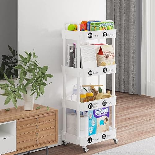 Laiensia 4-Tier Storage Carts,Multifunction Utility Rolling Cart Kitchen Storage Organizer,Mobile Shelving Unit Cart with Lockable Wheels for Bathroom,Laundry,Living Room,With Classified Sticker,White thumbnail 7