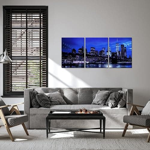sechars New York City Wall Art Canvas Black and White Blue Brooklyn Bridge Night Skyline Picture Print Modern Cityscape Painting for Home Office Decor (Small) (Blue) thumbnail 3