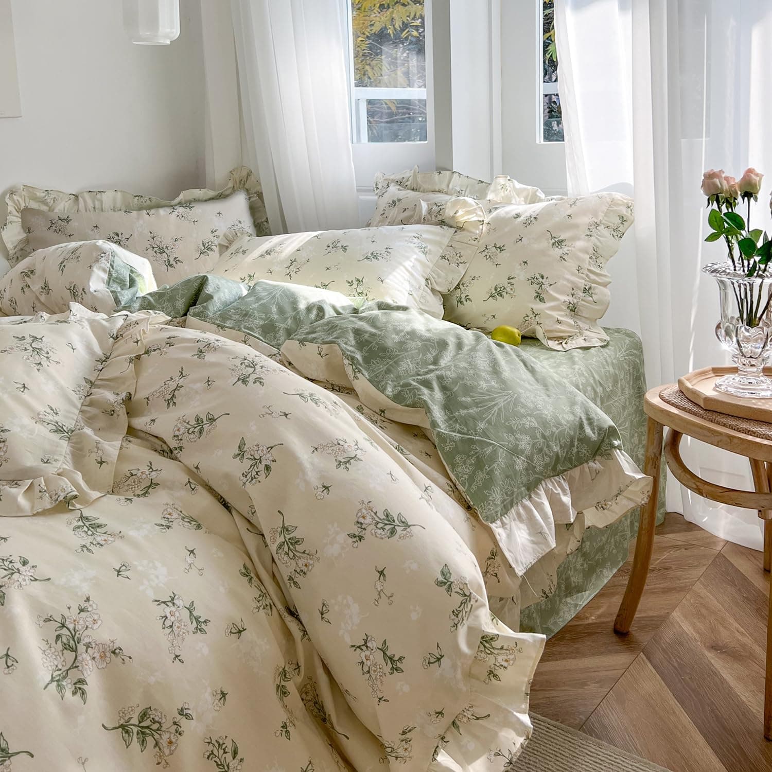 mixinni Reversible Green Floral Duvet Cover Set Full Size - 100% Cotton Botanical Bedding Set with Ruffle Lace, 3PCs Beige Soft Aesthetic Cottagecore Style Duvet Cover for Girls thumbnail 2