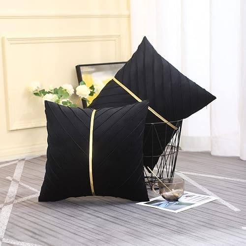 Tosleo Black Velvet Throw Pillow Covers 18 x18 inch Pack of 2 with Gold Leather Christmas Decorative Couch Pillow Cover Luxury Modern Pillowcases for Wedding Living Room Bedroom Sofa Cushion Bed thumbnail 5