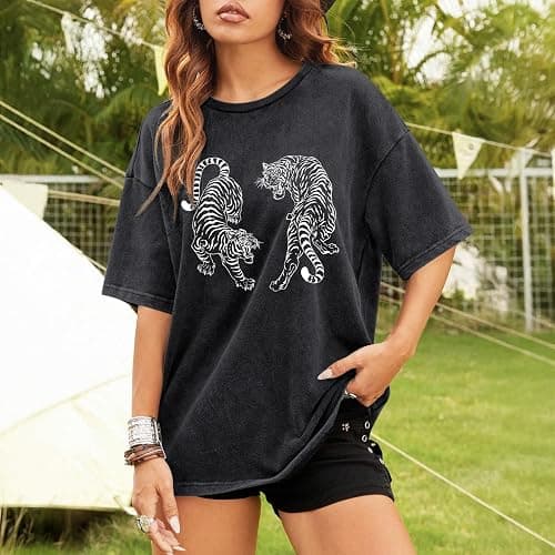 Weetiotio Tiger Graphic Tees Shirt for Women Oversized Streetwear Shirts Acid Wash Tshirt Tigers Print Cotton Summer Tops thumbnail 3