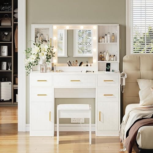 UGTOO Makeup Vanity Desk with Mirror and 10 Lights, 44.9" Makeup Table with Power Outlet, Large Vanity Desk with Storage Shelf & 5 Drawers, Dressing Table Set, 3 Lighting Modes Brightness Adjustable thumbnail 6