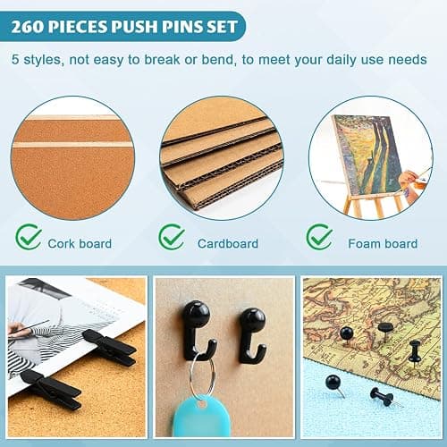 260 Pcs Push Pins Set 5 Styles Black Thumb Tacks Cute Push Pins for Bulletin Board, Cork Board thumbnail 5