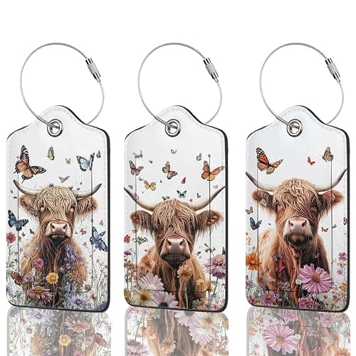 3 Pack PU Leahter Highland Cow Butterfly Flowers Luggage Tag with Stainless Steel Loop, Travel Suitcase Labels with Privacy Cover ID Label Quickly Spot for Bags - Image 1