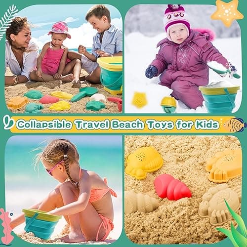 Beach Toys for Kids - Sand Toys Set Includes Collapsible Sand Bucket Shovel and Sand Rake Toy for Beach 12 PCS, Sandbox Toys Sandcastle Building Kit with Waterproof Net (A) - Baby Beach Toys thumbnail 4