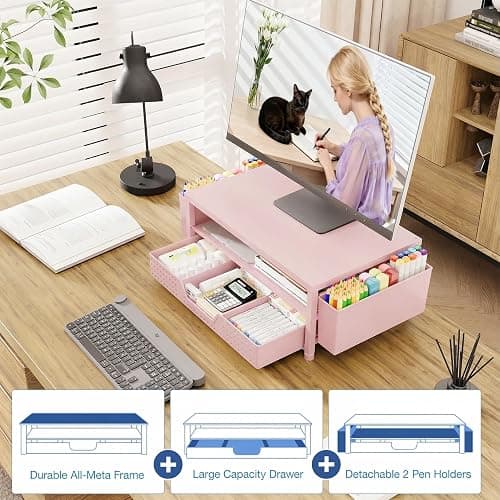 OPNICE Desk Organizers and Accessories, 2-Tier Computer Monitor Stand Riser with Drawer and 2 Pen Holders, Laptop Stand, Office Desk Accessories for Office Supplies, Pink thumbnail 7