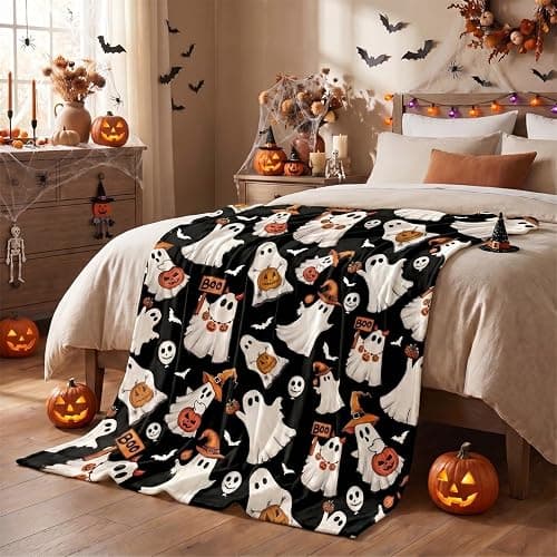 Horaldaily Halloween Black Ghost Pumpkin Skulls Flannel Throw Blanket 50x60 | All Season Using Ultra Soft Fuzzy Plush Cozy Non-shedding Blanket for Couch Sofa Bed Camping, Ideal Gift for Kids Adults thumbnail 4