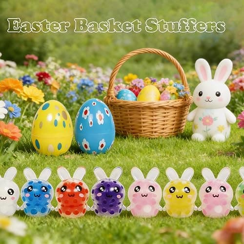 24 Pack Prefilled Easter Eggs with Bunny Mini Squeeze Balls for Kids | Soft squishy stress relief fidget toys for egg hunts, Easter baskets, classroom rewards and party favors thumbnail 4