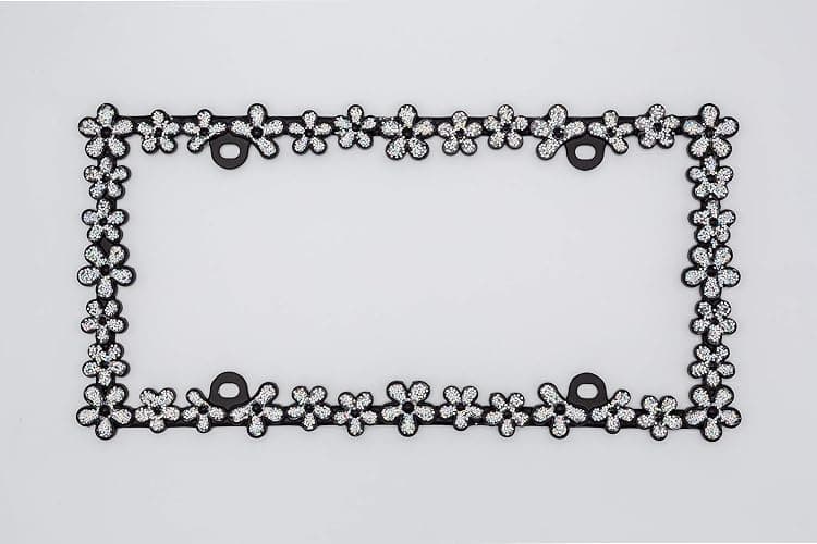 Creathome 3D Shining Daisy Wrenth License Plate Frame from Pure Zinc Alloy Metal Perfect Plate Holder,Matt Black with Silver Glitter thumbnail 3
