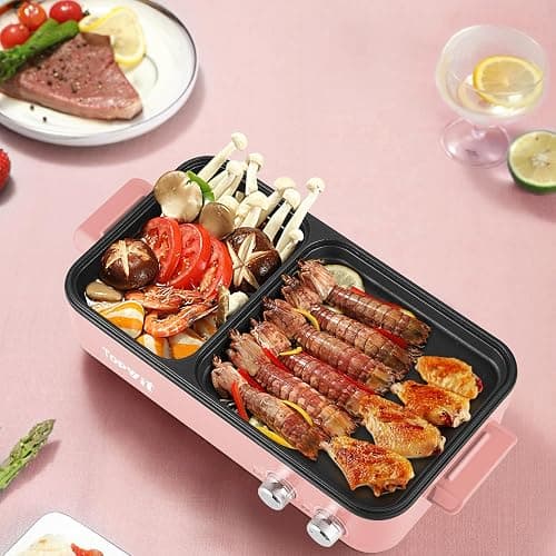 Topwit Hot Pot Electric with Grill, 2 in 1 Indoor Non-stick for Steaks, Shabu Shabu, Noodles, Simmer and Fry, Korean BBQ Grill, Independent Dual Temperature Control, Pink thumbnail 2