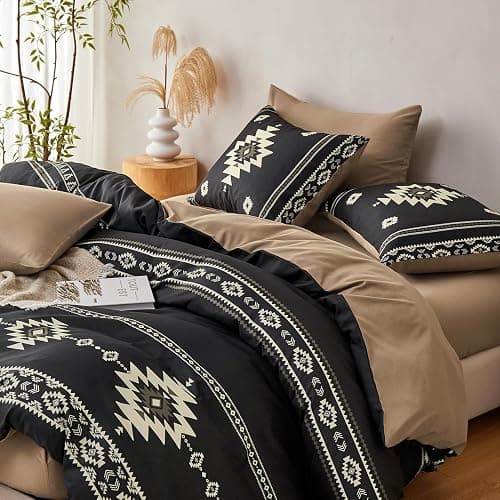 Wake In Cloud - Western Comforter Set, Boho Southwestern Farmhouse Style with Aztec Diamond Geometric Pattern, Soft Lightweight Bedding, 3 Pieces, Black Brown, Queen Size thumbnail 4