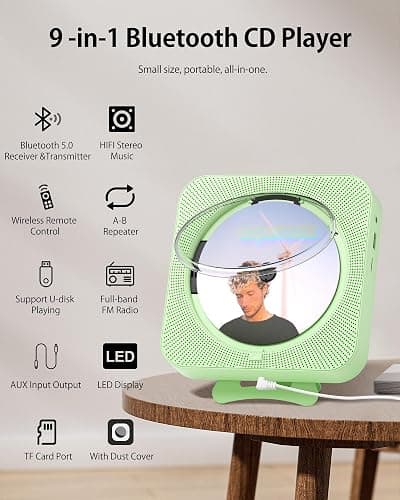 CD Player Portable Bluetooth Desktop CD Player for Home, Mini Cute CD Players for Kids, Built-in Dual Speakers and LED Display with Remote Control, Supports CD/FM Radio/USB/AUX/Timer/Repeat (Green) thumbnail 2