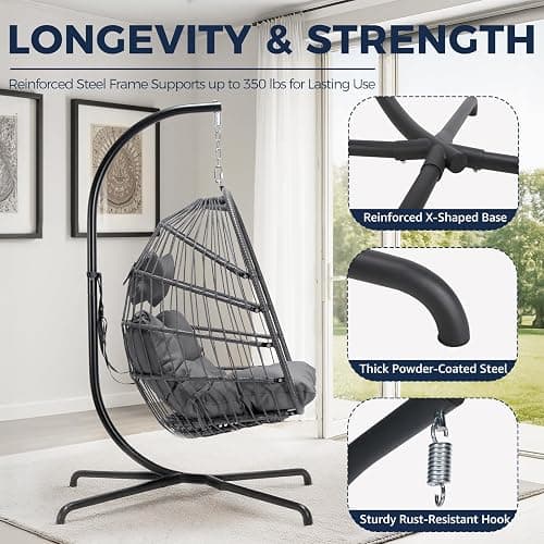 NICESOUL Comfy Indoor Outdoor Egg Chair, Patio Wicker Egg Shaped Swing Chair with Stand, Hanging Basket Seating with Cushion, 350lbs Heavy Duty Gift Hammock Chairs for Balcony Backyard Bedroom, Gray thumbnail 6