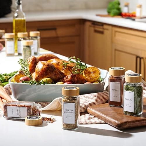 Set of 24 Glass Spice Jars with Various Labels, Bamboo Shaker Lids & Funnel, Kitchen Storage Jars with Airtight Lid, Spices & Seasonings Sets Organizer, Spice Containers, Glass Jar Food Canister thumbnail 9