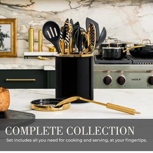 STYLED SETTINGS Black and Gold Cooking Utensils Set - 13-Piece Kitchen Set with Black Ceramic Utensil Holder and Stackable Gold Spoon Rest - Luxury Kitchen Accessories for Stylish Cooking and Serving thumbnail 3