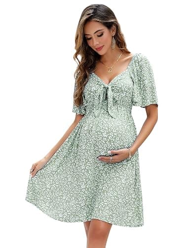 FUNJULY Maternity Dresses for Baby Shower Women's Knotted V Neck Knee Length Wrap Baby Shower Dress - Image 1