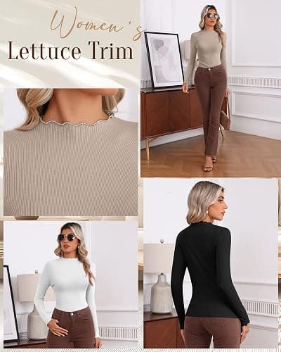 Huukeay 3 Pack Women's Ribbed Mock Turtleneck Shirts Cotton Long Sleeve Tops Lettuce Trim Slim Fit Soft Tees for Layering thumbnail 6