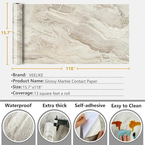 VEELIKE 15.7''x118'' Beige Gold Liquid Marble Contact Paper for Countertops Peel and Stick Waterproof Granite Countertop Paper Self Adhesive Marble Wallpaper Vinyl Roll for Kitchen Bathroom Table Wall thumbnail 3