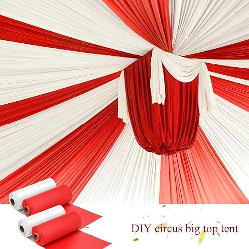 Moukeren 40'' x 100' Circus Tablecloth Roll Plastic Tablecloth Disposable DIY Carnival Tent Party Supplies for Big Top Tent Backdrop Curtains Ceiling Wall Drapes(White, Red,4 Roll) thumbnail 4