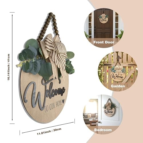 Condorpasea 3D Welcome Sign for Front Door | Home/Farmhouse Porch Décor Wooden Hanging Sign with Artificial Leaves and Rustic Beads | Christmas Classroom |12" Round thumbnail 4