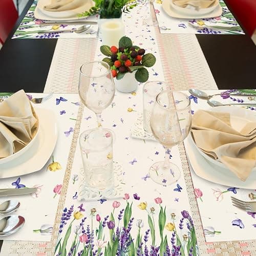 VitalCozy 7 Pcs Spring Table Runner and Placemats Tulip Table Runner Placemats Set 72 x 13 Inch Linen Easter Farmhouse Rustic Floral Lavender Tablecloth for Spring Easter Summer Party Decoration thumbnail 2