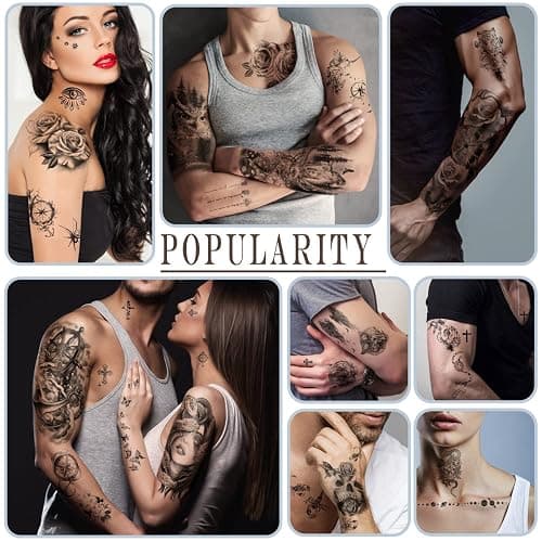 77 Sheets Temporary Tattoo for Men and Women, 17 Sheets Half Arm Chest Shoulder Fake Tattoos, 60 sheets Tiny Black for Adults, Waterproof Realistic Tattoos Long-Lasting thumbnail 6