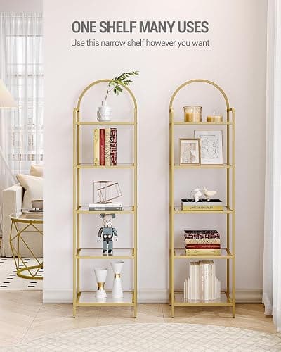 Hzuaneri 5 Tier Bookcase Bookshelf, Tempered Glass Bookshelves, Slim Shelving Unit for Bedroom, Bathroom, Home Office, Steel Frame, Gold BC05001G thumbnail 3