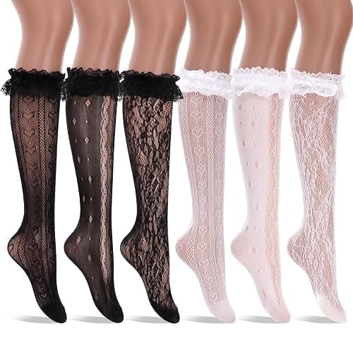 scenicamp 6 Pairs Women's Fishnet Knee High Socks Stylish Lace Hollow Stockings, Fishnet Mesh Hollow Out Calf Socks for Women - Image 1