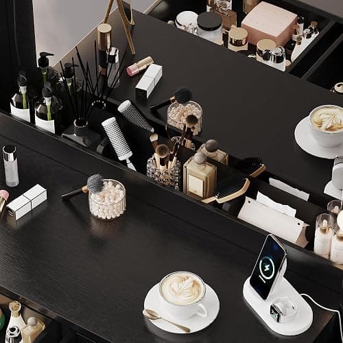 TOKSOM Makeup Vanity with Lights & Charging Station, Black Vanity Table with 5 Drawers & Open Storage Shelves, Bedroom Makeup Dressing Table Set for Women Girls Golden Handles thumbnail 4