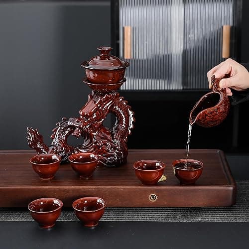 fanquare Lazy Kungfu Ceramic Tea Set for 6, Chinese Dragon Shape 9 Piece Tea Set Gift Box, Tea Cup, Infuser, Fair Cup Unique Tea Set for Office Business Gift, Red thumbnail 6