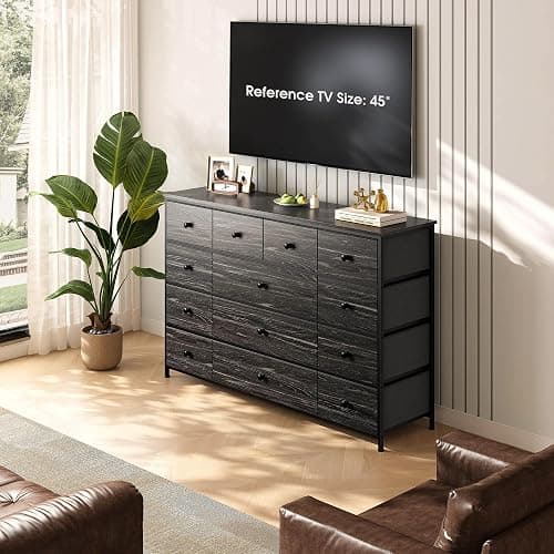 Black Dresser TV Stand with 13 Fabric Dresser 45 Inch TV Stand for Bedroom Chests of Drawers for Bedroom, Entryway, Wood Top and Sturdy Frame thumbnail 2