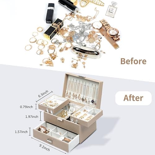 Dajasan Jewelry Box Organizer, Jewelry Boxes for Women Girls, 3 Layers Jewelry Gift Box for Christmas, Valentine's Day, Birthday, Mother's Day (Champagne) thumbnail 2