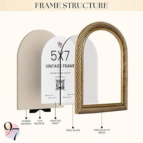 97 Decor Rustic 5x7 Gold Picture Frame- Gold Vintage Frame 5x7, Antique Ornate Photo Frame 5 By 7 Picture Frame, Arch Frame For Tabletop And Wall Hanging thumbnail 3