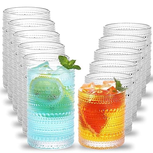 Moretoes Hobnail Drinking Glasses Set of 12, 12 Oz Highball Glasses & 10 Oz Cocktail Glasses, Clear Embossed Boho Glass Cups Kitchen Bar Tumbler Glassware Set for Whiskey, Beer, Juice, Milk - Image 1