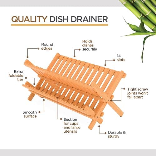 Dish Drying Rack - Bamboo Dish Rack for Kitchen Counter, Collapsible 2-Tier Wooden Drying Rack for Dishes, Plates, Cups, Utensils - Foldable Dish Drainer, Space-Saving Kitchen Drying Rack Organizer thumbnail 4