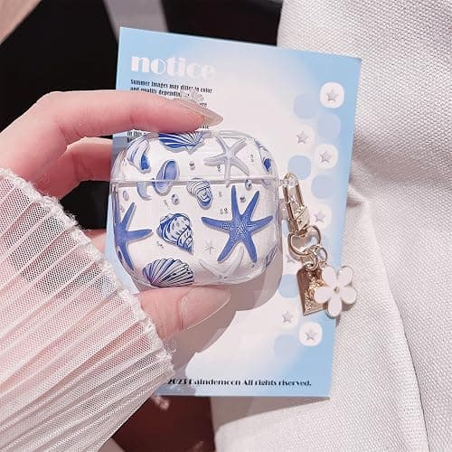 MINSCOSE Compatible with AirPods 4 Clear Case,Cute Beautiful Seashell and Starfish Pattern Design with Keychain, Soft TPU Protective Shockproof Cover for AirPods 4 for Women Girls-Blue thumbnail 6
