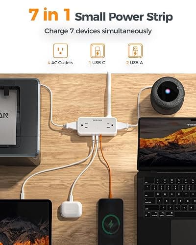 TESSAN Flat Plug Extension Cord 5 FT, Surge Protector Power Strip with 4 AC Outlets 1 USB C and 2 USB A Ports, 900 Joules Protection, Multiple Wall Outlet Extender Suitable for Home Office Dorm thumbnail 2