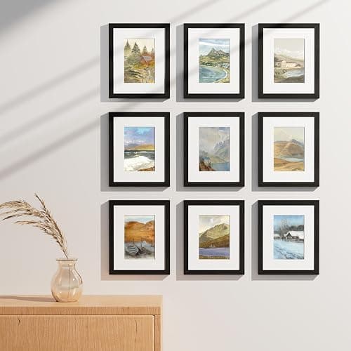 Vittanly 8x10 Picture Frames Set of 9, Shatter Resistant Plexiglass, Display 5x7 Pictures with Mat or 8x10 without Mat, Photo Frames for Wall or Tabletop, Engineered Wood, Black thumbnail 8