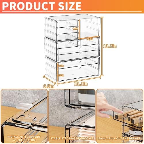 Yieach 3Pack Clear Drawer Organizers Stackable,Acrylic Storage Drawers With 10 Drawers,Multipurpose Office Supply Organizer and Makeup Organizer for Beauty,Craft,Pen,Medical,Stationary Desk Organizers thumbnail 2